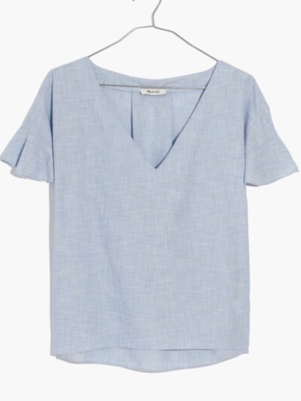 Madewell Sundrift Ruffle Top Blue Shirting Short Ruffle Sleeve V Neck S
